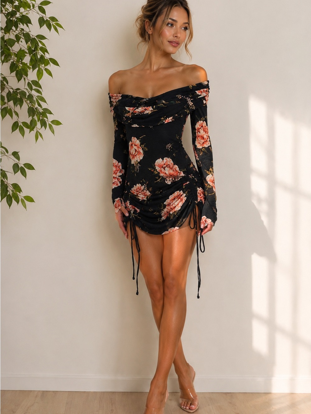 One-Shoulder Black Floral Mini Dress with Ruching